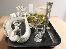 Studio glass wares including a Dartington crystal tea light holder, Italian tri-form bowl,