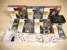Boxed Christmas lights and decorations,