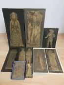 A group of panels overlaid with brass depicting Charles I and other figures, largest 70 cm high.