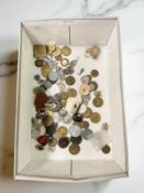 A group of coins and collector's tokens, lapel badges, together with six yellow metal earrings, etc.