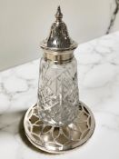 A silver mounted crystal sifter, Birmingham marks, height 18 cm,