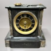 A Victorian black slate and marble eight day mantel clock, width 20 cm.