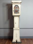 A continental painted and gilt long case clock with pendulum and weights