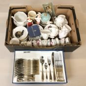 An Italian stainless steel canteen of cutlery, together with assorted tea china, porcelain figures,