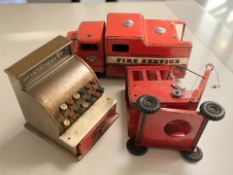 A group of circa 1960's tin plate toys to include a Triang fire truck,