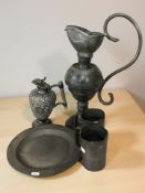 A collection of Burleigh pewter including plate, plated jug, mug, pewter dish, large ewer.