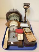A group of mantel and travel timepieces, 19th century octagonal wall timepiece, Thornes toffee tin,
