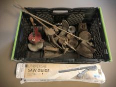 A cobbler's last, cast iron weights, irons, tools, fire pokers, etc.