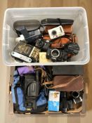 A collection of cameras including Mamiya, Konica, Halina, a pair of Pathoscope 16x50 binoculars,