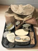 A group of vintage fishing reels, flies, a canvas bag, etc.