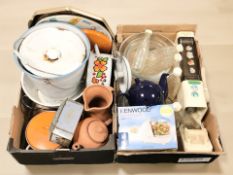 Assorted kitchenalia including enameled metal items, terracotta jugs,
