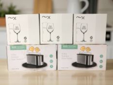 Two Homasy four slice stainless steel toasters and three sets of six Nude wine glasses,