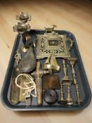 An ornate cast brass desk stand with central ink well,