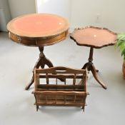 A reproduction mahogany drum table, a further shaped top occasional table and a magazine rack.