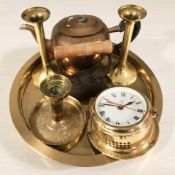 A brass serving tray, three candlesticks, a copper kettle,