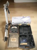 Two camera tripods, a boxed Pro sander,