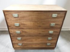 A Danish Reoval teak five drawer chest, with recessed brass handles, 88 cm x 40 cm x 85 cm.