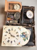 A group of mantel clocks, wall clock with painted dial, clock parts, etc.