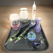 A group of studio glass fishes, Caithness paperweight and vase,