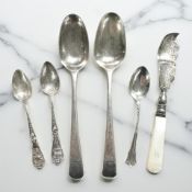 A pair of George III silver dessert spoons, London marks, together with three further teaspoons,