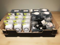 Several boxes of Diall light bulbs and mechanical timed sockets