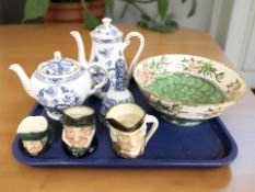A Tuscan blue and white teapot and matching coffee pot, Spode bell,