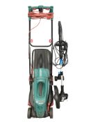 A Bosch electric lawn mower and MacAllister electric strimmer