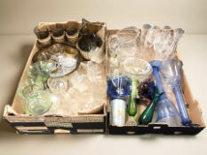 Assorted clear and coloured glasswares, wicker bound jug and matching set of tumblers,