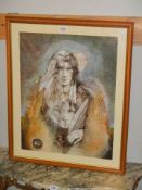 A framed and glazed print featuring a native American Indian and a wolf.