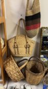 2 wicker baskets and 2 similar bags