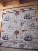 A fabric window blind depicting an old map with ships & hot air balloons, approximately 115 x 115 cm