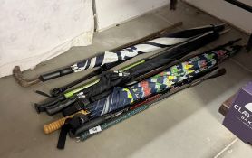 A quantity of umbrellas (including 2 Donnay) shoe horns, walking stick etc
