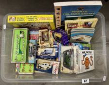 A large box of childrens books, diecast cars and Subbuteo teams