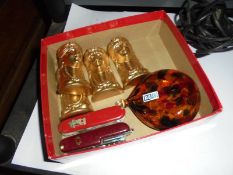 A set of four gilded furniture corner fittings, two pen knives etc.,