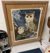A framed & glazed embroidered owl fire screen