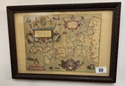 A framed and glazed map of Cornwall 40cm x 28cm