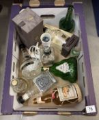 A box of advertising alcohol bottles including a Jack Daniels lamp