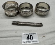 3 Silver napkin rings & silver pencil holder (Approximately 60 grams)
