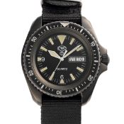 A RARE GENTLEMAN'S BLACK PVD COATED STAINLESS STEEL BRITISH MILITARY ROYAL NAVY SBS CWC DIVERS WRIST