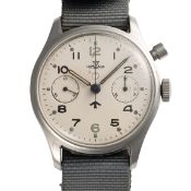 A GENTLEMAN'S STAINLESS STEEL BRITISH MILITARY LEMANIA SINGLE BUTTON CHRONOGRAPH WRIST WATCH CIRCA