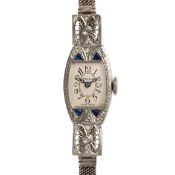 A LADY'S 18K WHITE GOLD, DIAMOND & SAPPHIRE ROLEX ART DECO COCKTAIL BRACELET WATCH CIRCA 1930