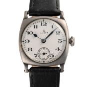 A GENTLEMAN'S SIZE SOLID SILVER CUSHION DENNISON CASED OMEGA WRIST WATCH CIRCA 1928, WITH ORIGINAL