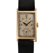 A GENTLEMAN'S SIZE 18K SOLID GOLD RECTANGULAR CASED OMEGA ART DECO WRIST WATCH CIRCA 1935,