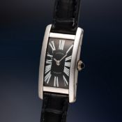 A FINE & EXTREMELY RARE MIDSIZE 18K SOLID WHITE GOLD CARTIER LONDON TANK CINTREE WRIST WATCH CIRCA