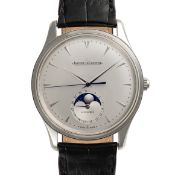 A GENTLEMAN'S SIZE STAINLESS STEEL JAEGER LECOULTRE MASTER CONTROL MOON PHASE WRIST WATCH CIRCA