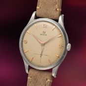 A RARE GENTLEMAN'S LARGE SIZE STAINLESS STEEL OMEGA WRIST WATCH CIRCA 1953, REF. 2609 WITH SILVER 