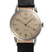 A GENTLEMAN'S SIZE STAINLESS STEEL UNIVERSAL GENEVE AUTOMATIC WRIST WATCH CIRCA 1950, REF. 20203
