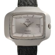 AN UNUSUAL GENTLEMAN'S LARGE SIZE STAINLESS STEEL OMEGA GENEVE AUTOMATIC DATE WRIST WATCH CIRCA