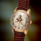 A FINE & RARE GENTLEMAN'S SIZE 14K SOLID ROSE GOLD LONGINES WRIST WATCH CIRCA 1958, REF. 6615 WITH