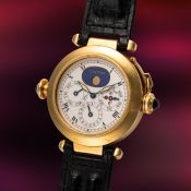 A FINE & VERY RARE GENTLEMAN'S SIZE 18K SOLID YELLOW GOLD CARTIER PASHA MOONPHASE PERPETUAL CALENDAR